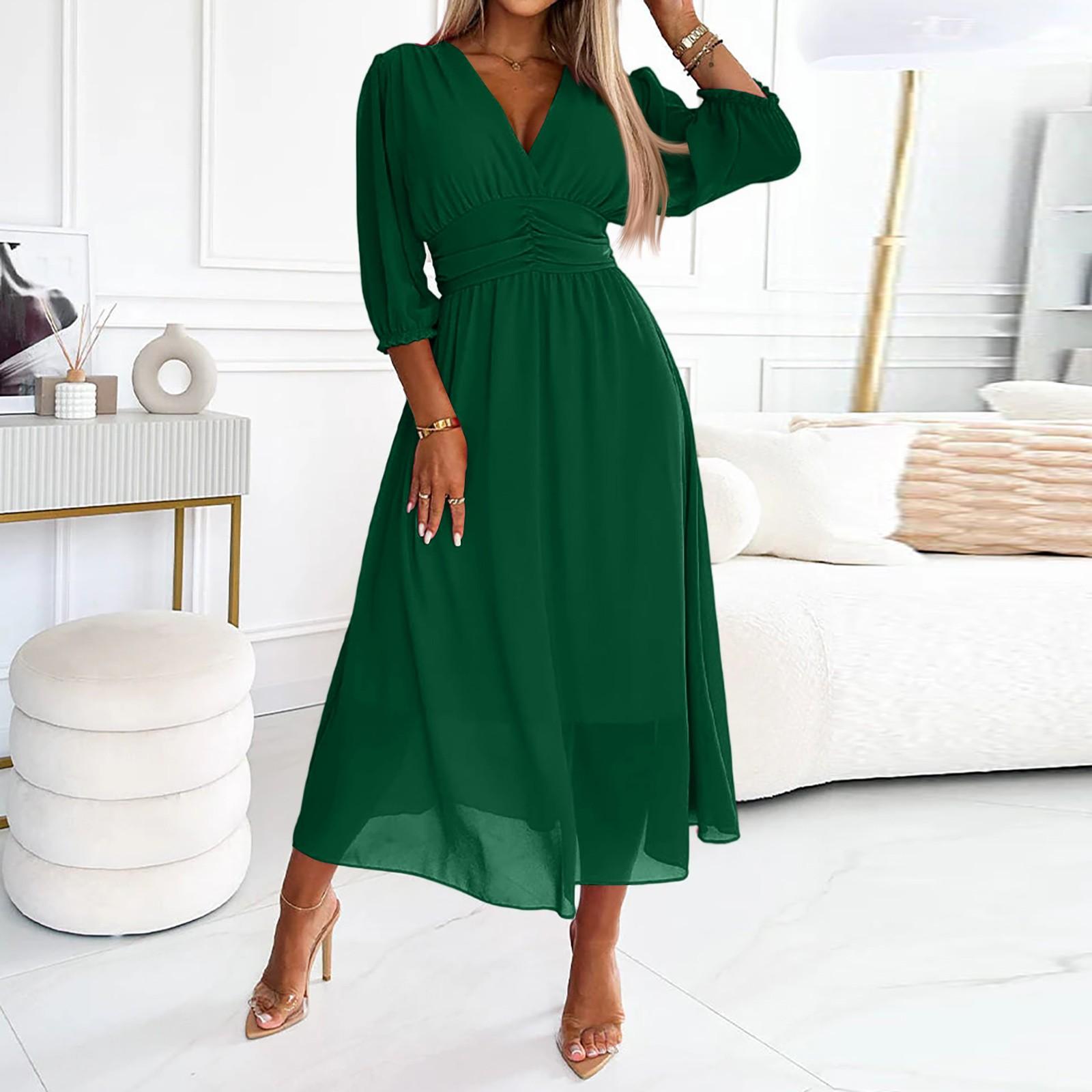 

Женское свободное удобное повседневное модное платье с V-образным вырезом, затянутой талией, однотонное, с большим подолом, сексуальное XL темно-зеленого