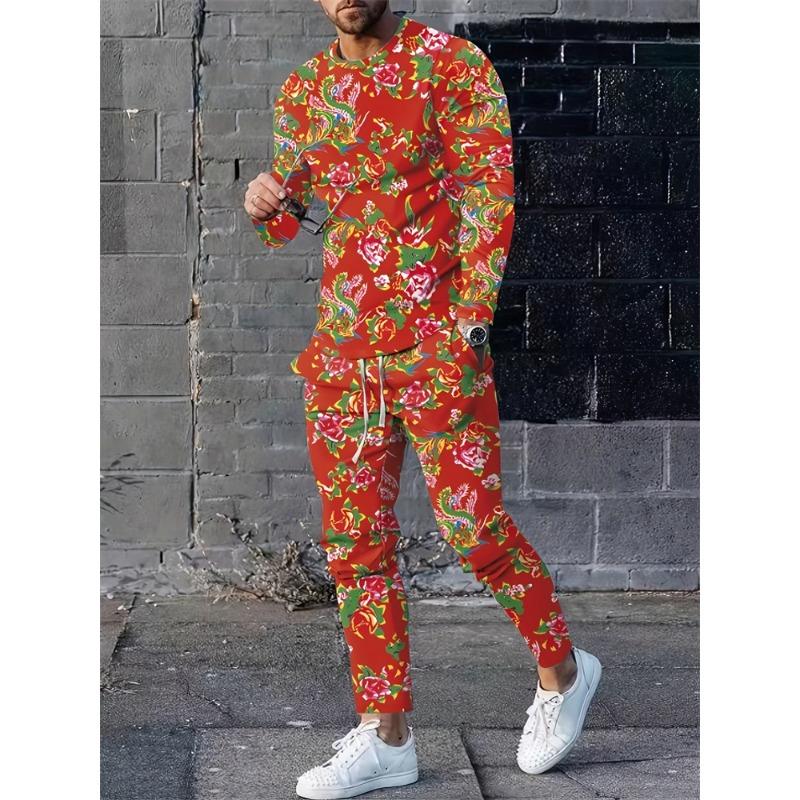 Men's Fashion Graffiti Novelty Pajamas Loungewear Set Autumn Men's Daily Casual Long-sleeved T-shirt Street Fashion Pants