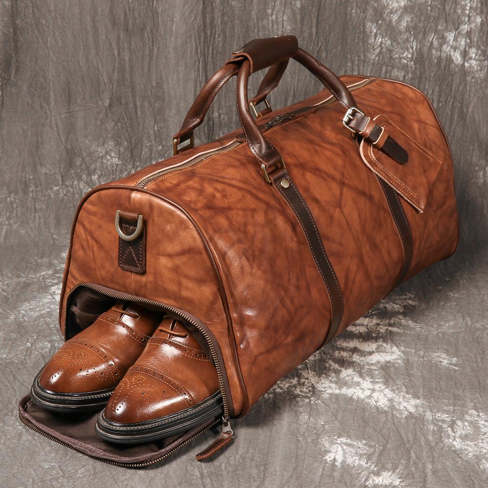 Borsa da Viaggio da Uomo in Vera Pelle di Vacchetta Borsa a Tracolla da Viaggio d'Affari Borsa Duffel Grande Capacità Borsa da Fitness