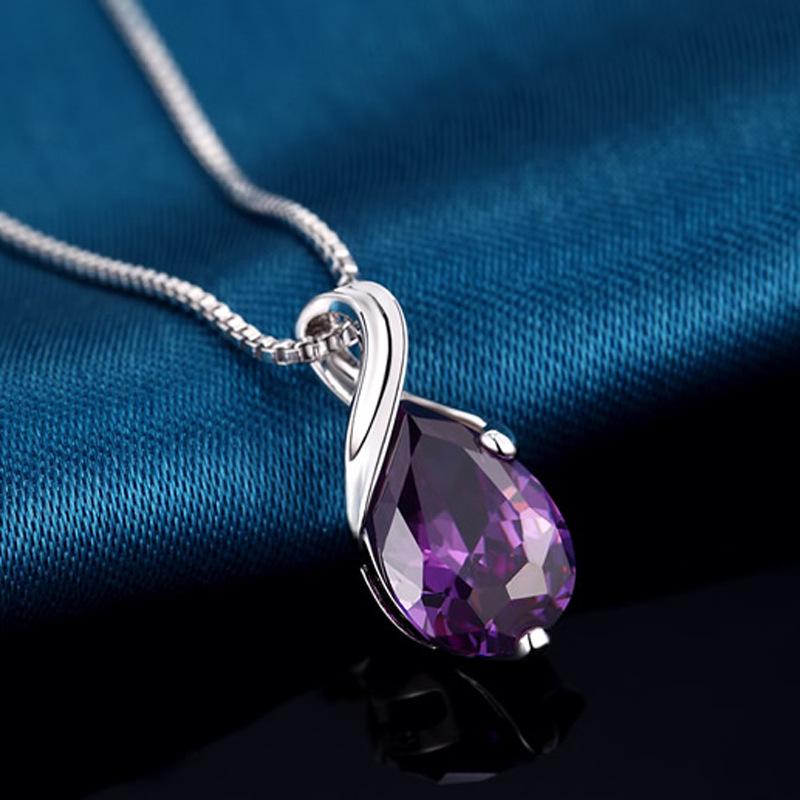Korean Fashion Amethyst Teardrop Pendant Necklace, Silver Plated Women's Clavicle Chain