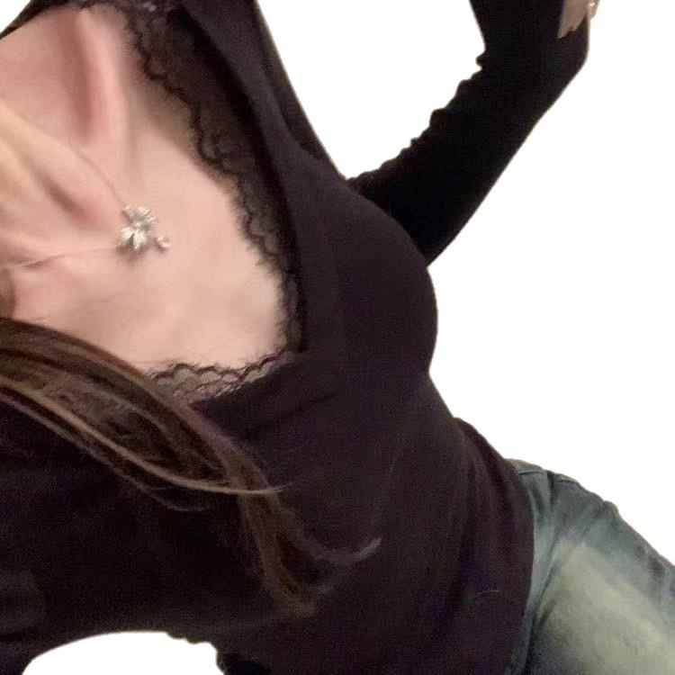 Women's Lace Trim V-Neck Thermal Base Layer Top - Slim Fit, High-End Feel for Autumn/Winter 2025