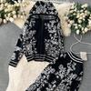 Damen Premium Print Kapuzenpullover Hohe Taille Weite Beinhosen Lässige Sport Strickwaren Zweiteiliges Set Mode Altersreduzierend