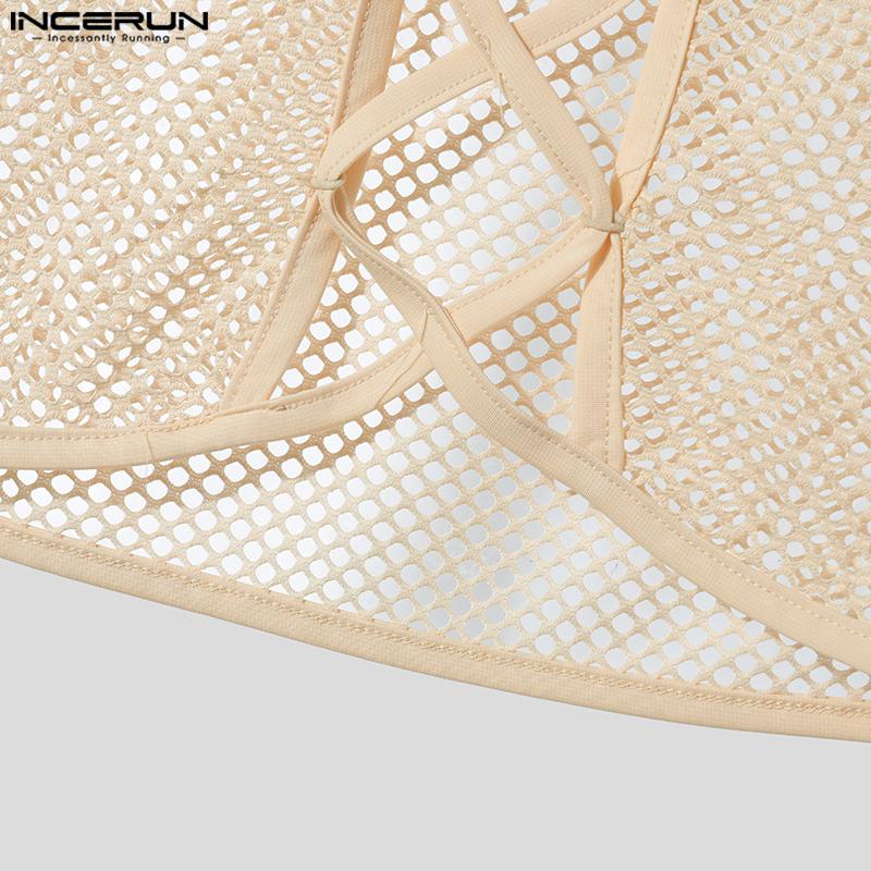 INCERUN Men Sleeveless Hollow Webbing See Through Cropped Tank Tops