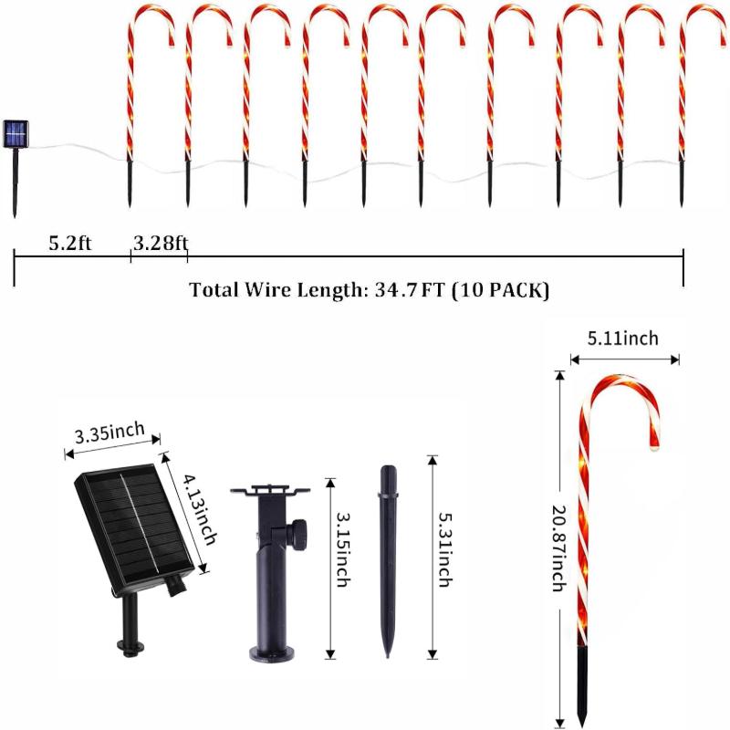 5Pcs Candy Cane Solar Lights Christmas Decorations Outdoor with 2 Lighting Modes Waterproof Garden Lights for Christmas Patio Yard Walkway