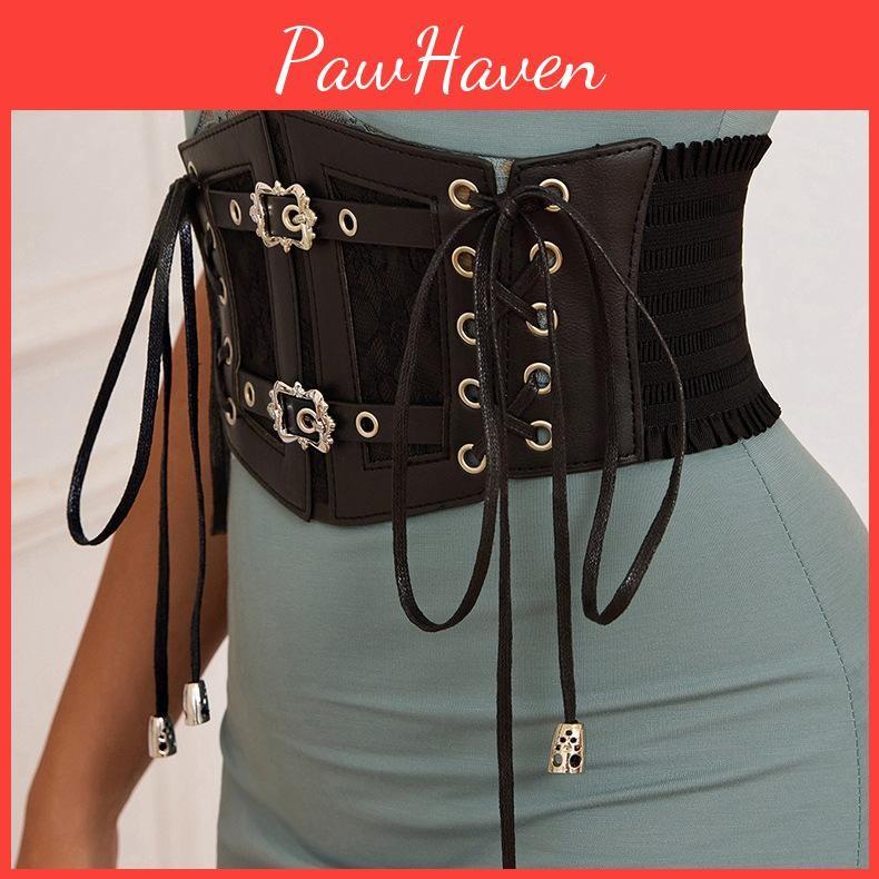 Lace Embroidered Retro Style Cummerbund Shaping Belt Metal Buckle Waist Elastic