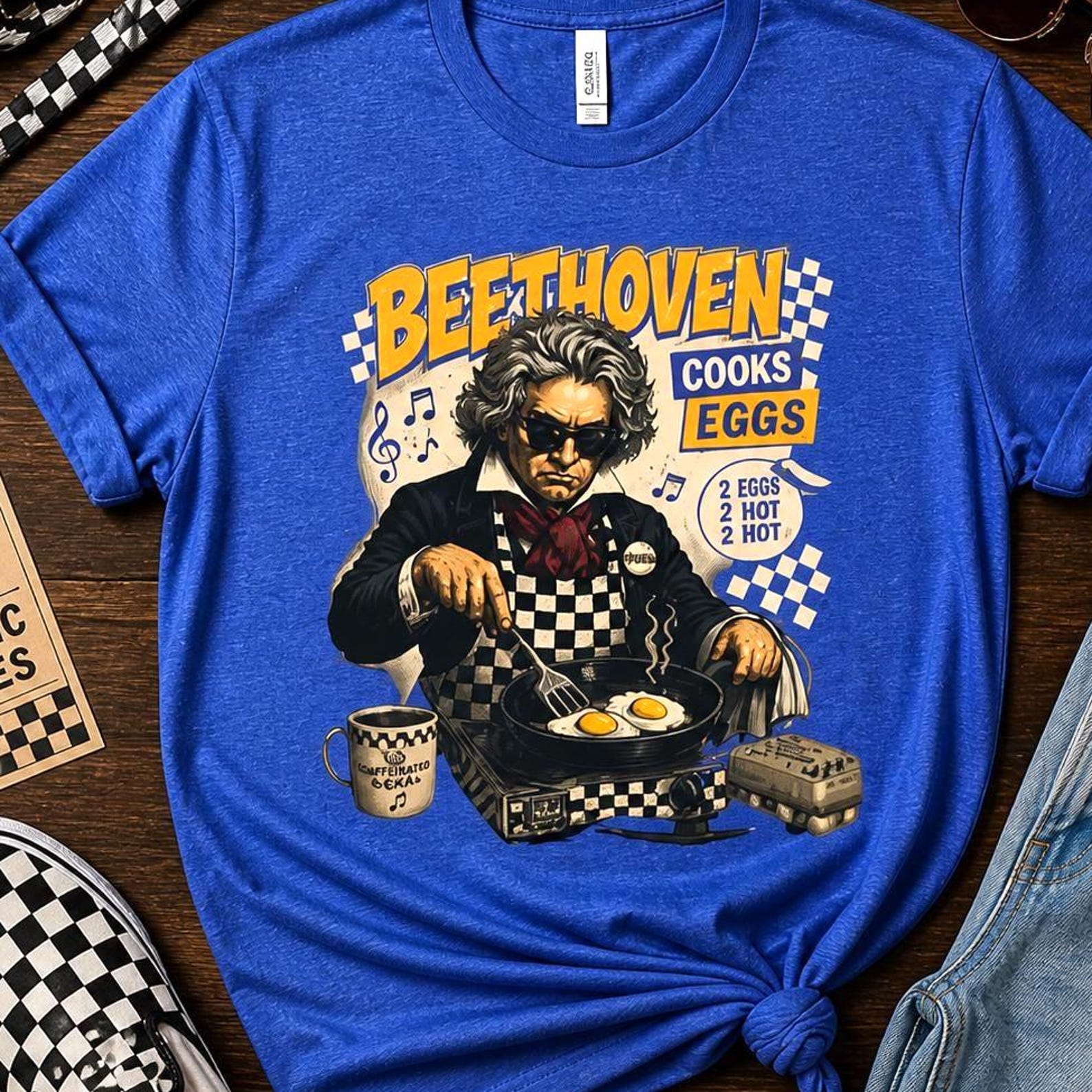 Beethoven Cooks Eggs Ska Shirt | Funny 2 Tone Music Tee | Classical Composer Rude Boy Tshirt, Retro Checkerboard Graphic, Ska Punk Band Gift L