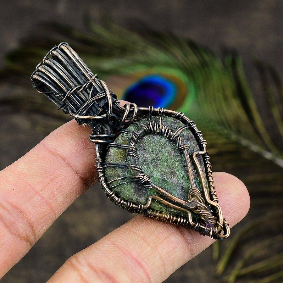 Ruby Zosite, Moonstone Lab-Created Copper Wire Wrap Jewelry Pendant 2.76" t7y77