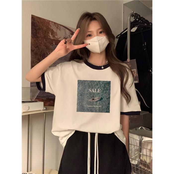 

Cotton short-sleeved t-shirt women s 2025 summer new Hong Kong style chic niche design foreign style age-reducing top M чёрный