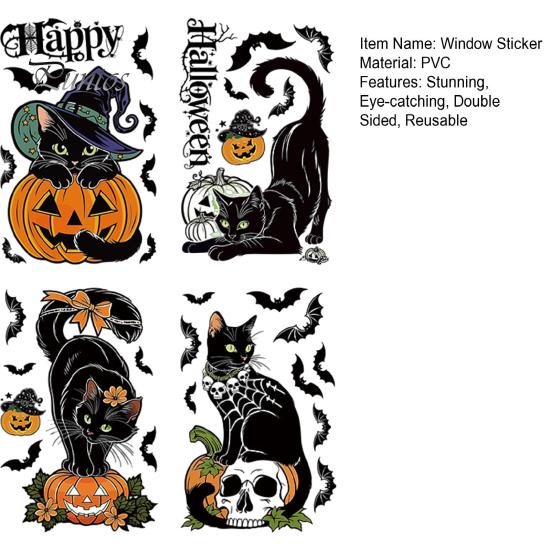 Glue Free Window Sticker 4 Sheets Halloween Black Cat Clings, Spooky Pumpkin Reusable Decorative Mirror Cling Sticker, Double Sided Static Decals for