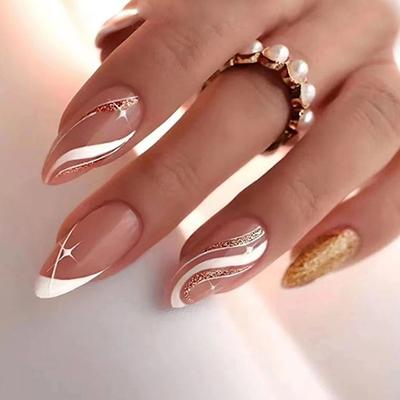 24 Pieces  Almond Nail with French Corrugated Glitter Pattern, Sweet and Fashionable, White Fake Nails Wear Armor