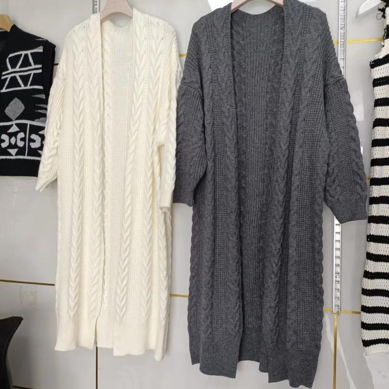 Vintage Lazy Style All-match Knitted Hemp Pattern Autumn and Winter Loose Thick Warm Long Cardigan Sweater Coat Women's Clothing