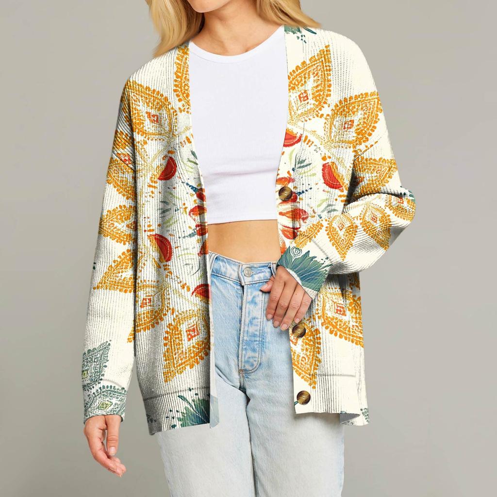 Women's Fashion Long Sleeve Christmas Print V-Neck Button Loose Cardigan Top
