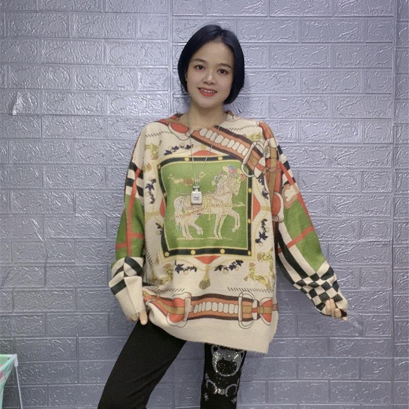 New Arrival Plus Size Rhinestone Sweater: High-End Hermes Print, Slimming Knit Top for Autumn/Winter 2025
