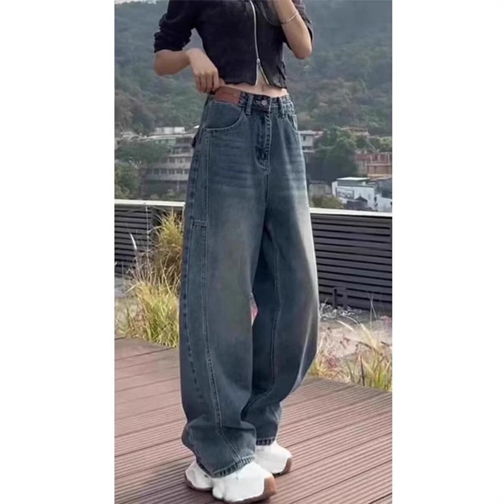 Women's Blue Retro Wide-Leg Jeans - Spring Collection, Floor-Length, Small To Plus Sizes, Trendy and Loose Fit.
