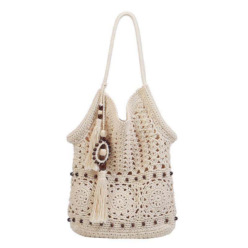 Sen Ethnic Style Hollow Tassel Woven Bag Women s Literary Knitted Commuter Seaside Vacation Tote белый