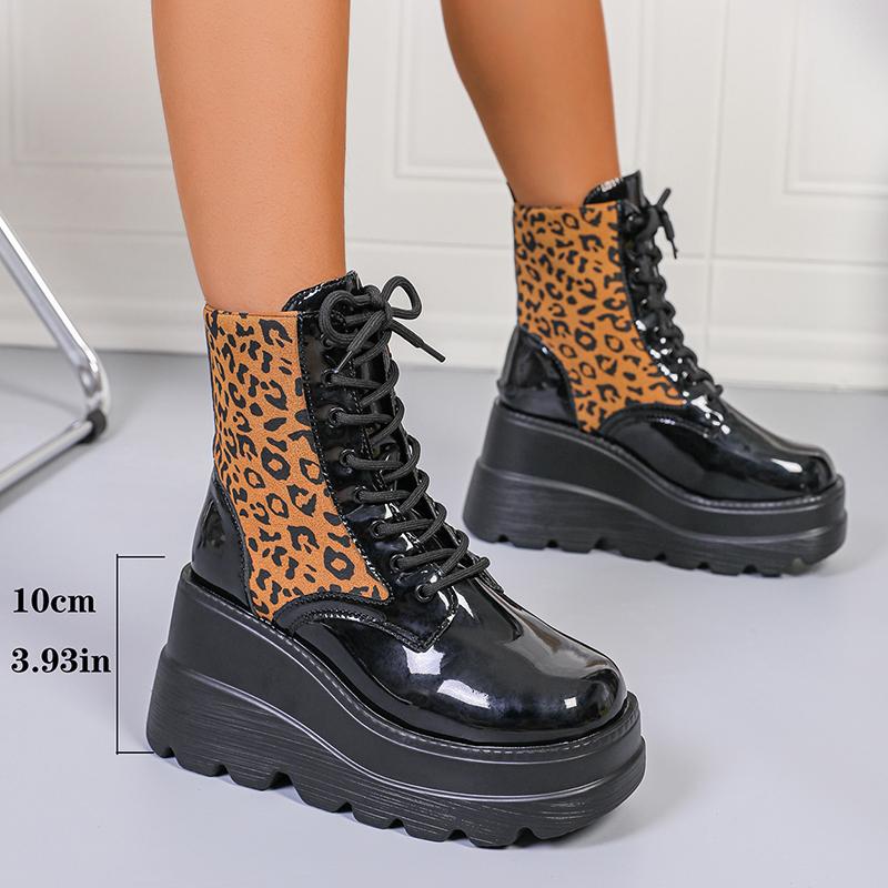 

Fashion Leopard Print Wedge Ankle Boots for Women Plus Size Chunky Platform Gothic Punk Boots Woman Thick Bottom Non Slip Combat Booties 43 леопардовый