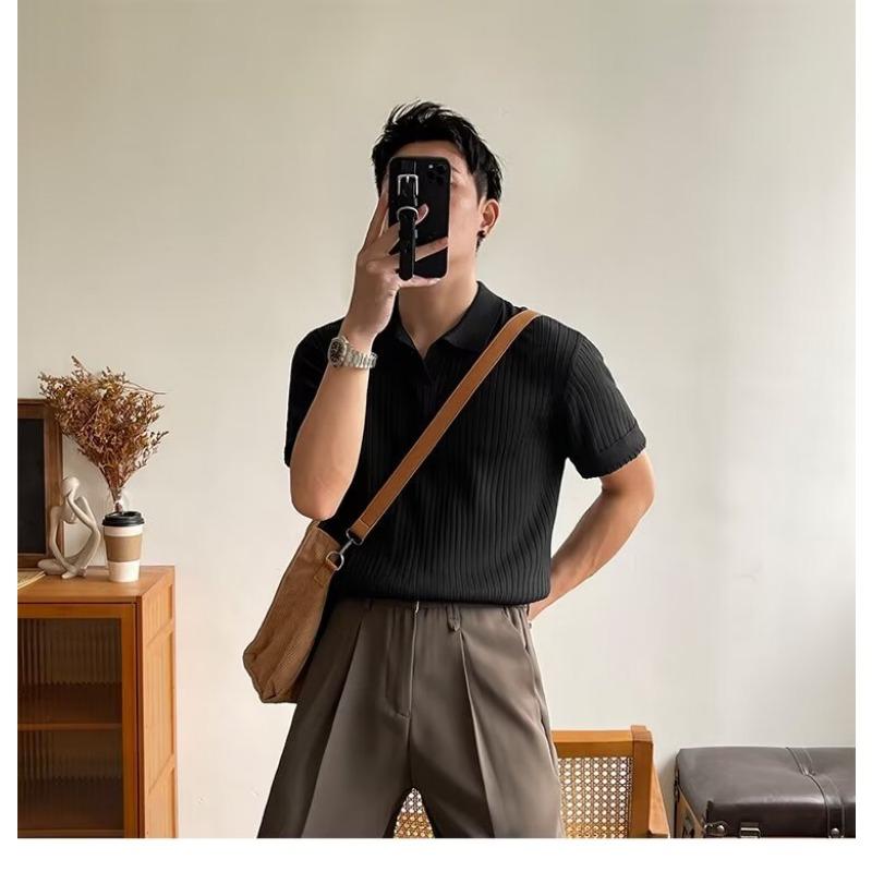 Men S Korean Style Short Sleeve Knit Polo Shirt Summer Casual Top