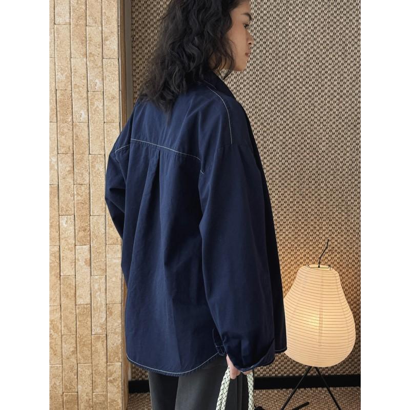 Johnature Spring Summer Korean Outlined Stitch Spliced Button Faux Denim Shirt Large Pockets Loose Tops For Women
