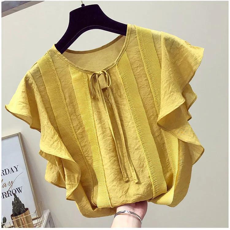 Camisa de gasa de manga corta, suelta, fresca, de color liso, de verano para mujer, top sencillo con volantes y lazo