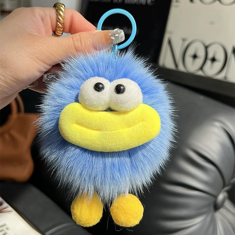 [Cute Big Mouth] Fox Hair Small Coal Ball Keychain Pendant, Pom-pom Doll, Doll Back Bag Pendant