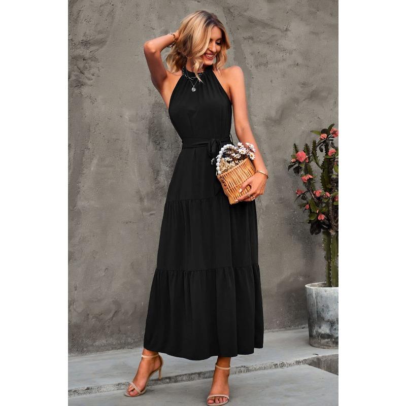 Fashion Sleeveless Summer Elegant Long Dress New Loose Casual Women Simple Office Solid Color A-line Party Dress Female Lace-up Holiday Women Clothing
