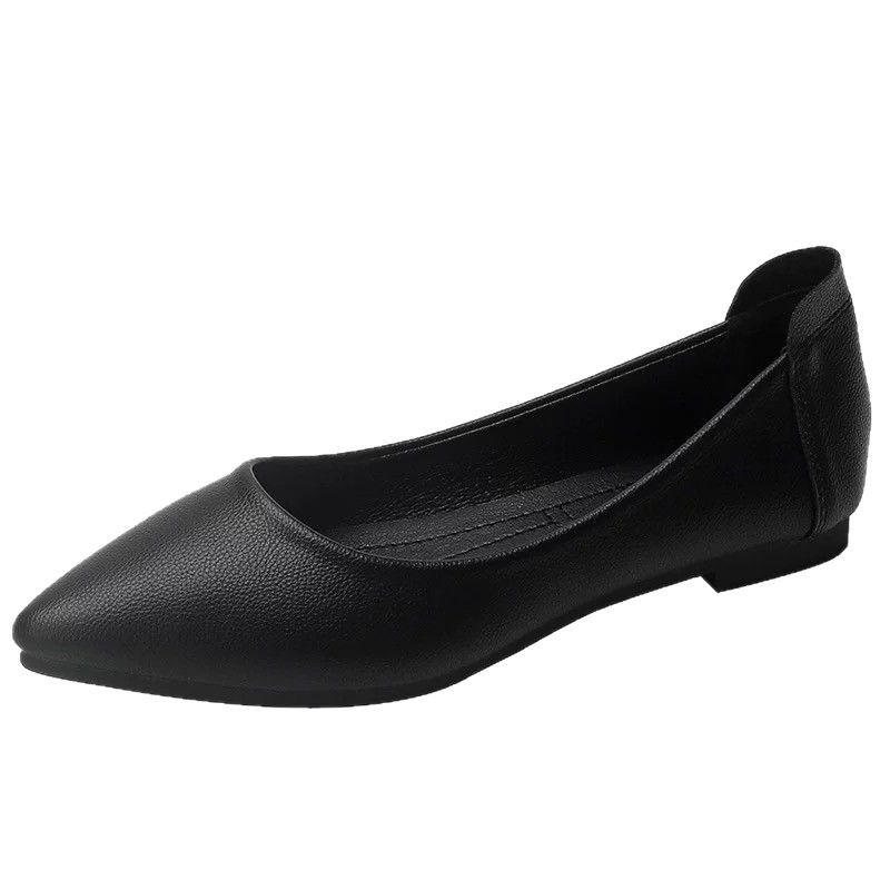 Black Single Shoes Women's Low Heel Versatile 2025 New Soft Leather Work Shoes Flat Shoes Women's Shallow Mouth Pointed Head
