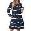 Women's Long Sleeve Pleated Round Neck Plaid Stripe Print Casual Dress With Pockets