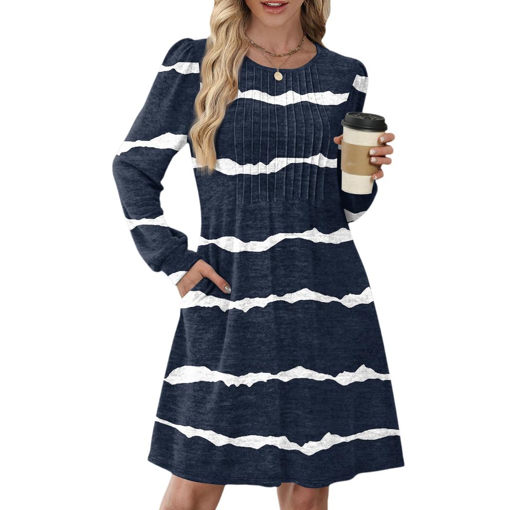 Women's Long Sleeve Pleated Round Neck Plaid Stripe Print Casual Dress With Pockets
