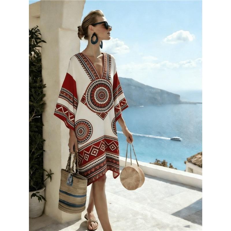 26 New European and American Bohemian large-size women's clothing casual loose 3D printed dress robe