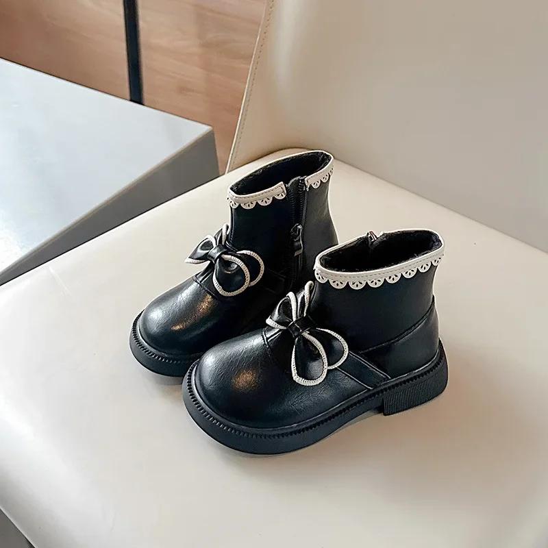 Winter Girls Princess Boots Fashion Bowknot Ankle Versatile Children's Boot Warm Non-slip Kids Causal Cotton Boots Side Zipper