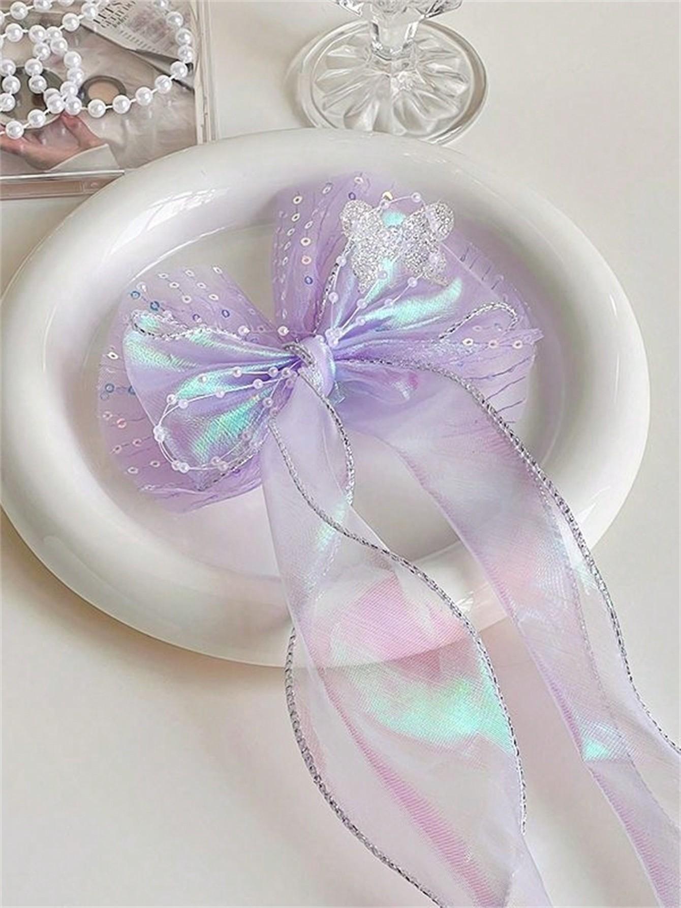 

1 женская новая заколка для волос с бантом из ленты, жемчужная сетчатая заколка-бант, заколка для волос с длинной лентой, аксессуары для волос Size fits all