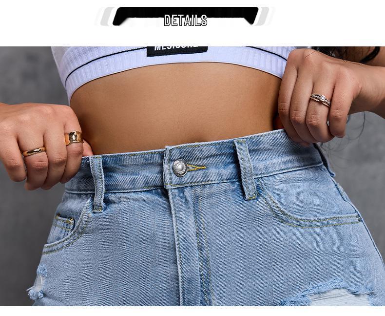 European & American Style Raw Hem Ripped Denim A-line Skort for Women