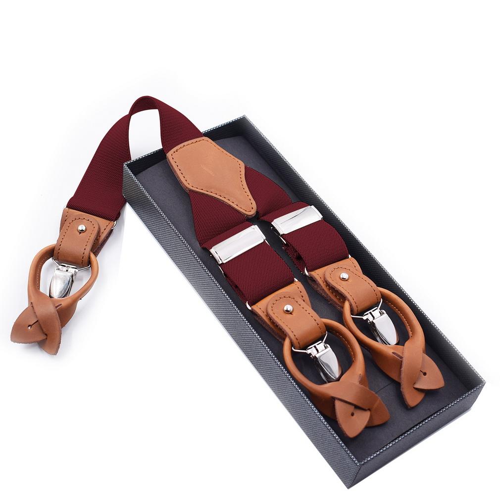 Men 2-in-1 Y-Back Suspenders Elastic 6 Clips Button End Genuine Leather Braces