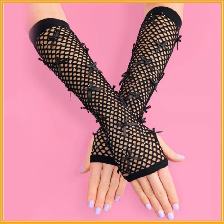 Fashionable Fingerless Mesh Gloves Arm Sleeves with Rhinestones for Women Teens Vintage Styles Holiday Gathering Props