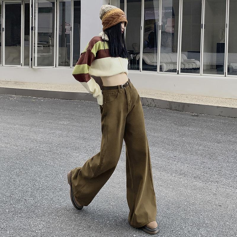 2024 Autumn/Winter Maillard Wear High Waist Wide Leg Jeans Women'S American Casual Versatile Floor Pants