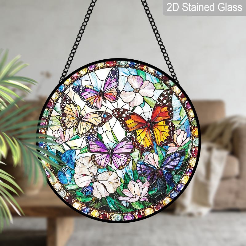 2D Flat, 1pc Butterflies & Flowers Round 7.87in Glass Suncatcher, Colorful Butterflies & Flowers Print Window Hanging Ornament, Vibrant Nature Home