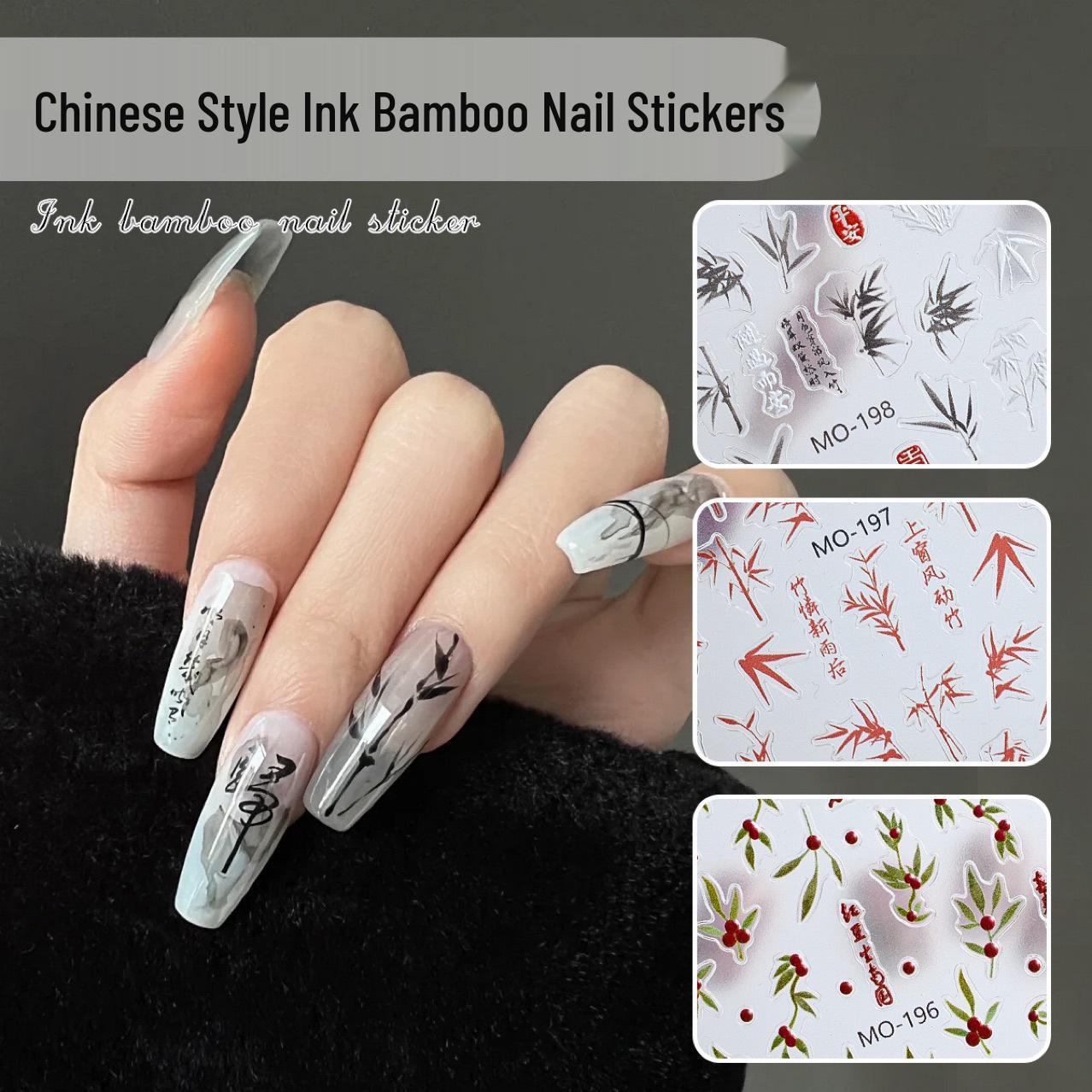

2024 Ink Painting Nail Stickers: Red Bean Bamboo Design