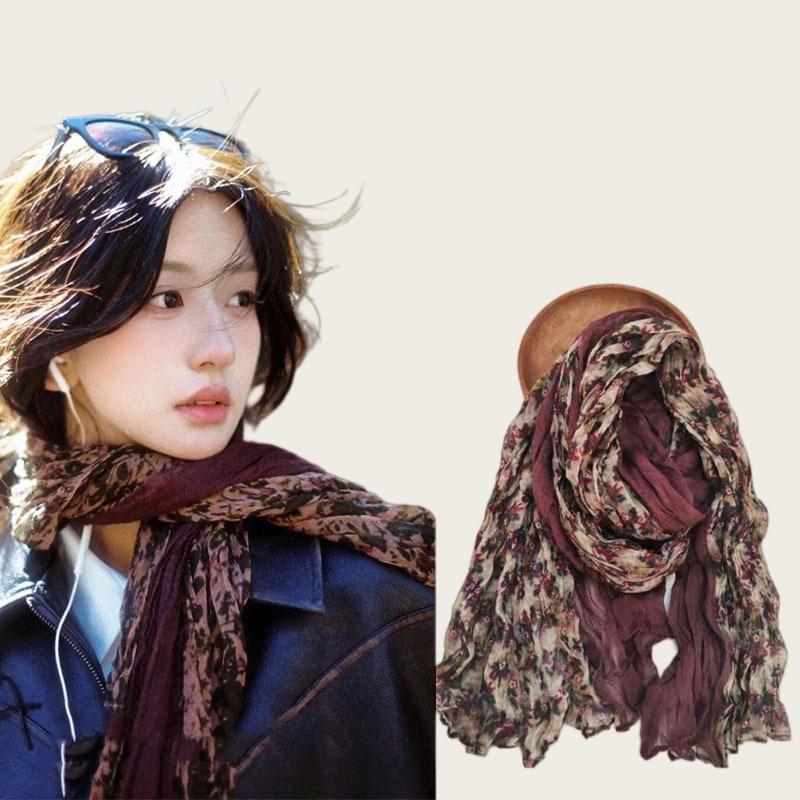 Literarische und Retro-Kontrastfarben, lange Seidenschals mit Blumenmuster, Damenmode, ausländischer Stil, hochwertiger Hals- und Nackenschmuck, hochwertig vielseitig