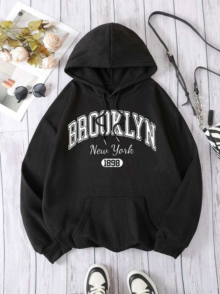 Brooklyn New York 1898 Hoodie Sweatshirt - Casual Hooded Pullover with Drawstring Alphabet Pattern