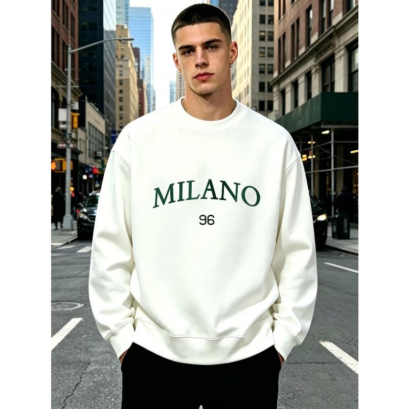 Men'S Crew Neck Long Sleeve Sweatshirt, Minimal Green Embroidered MILANO 96 Letter Pullover, Soft Loose Breathable Basic Casual Sweat Top, E