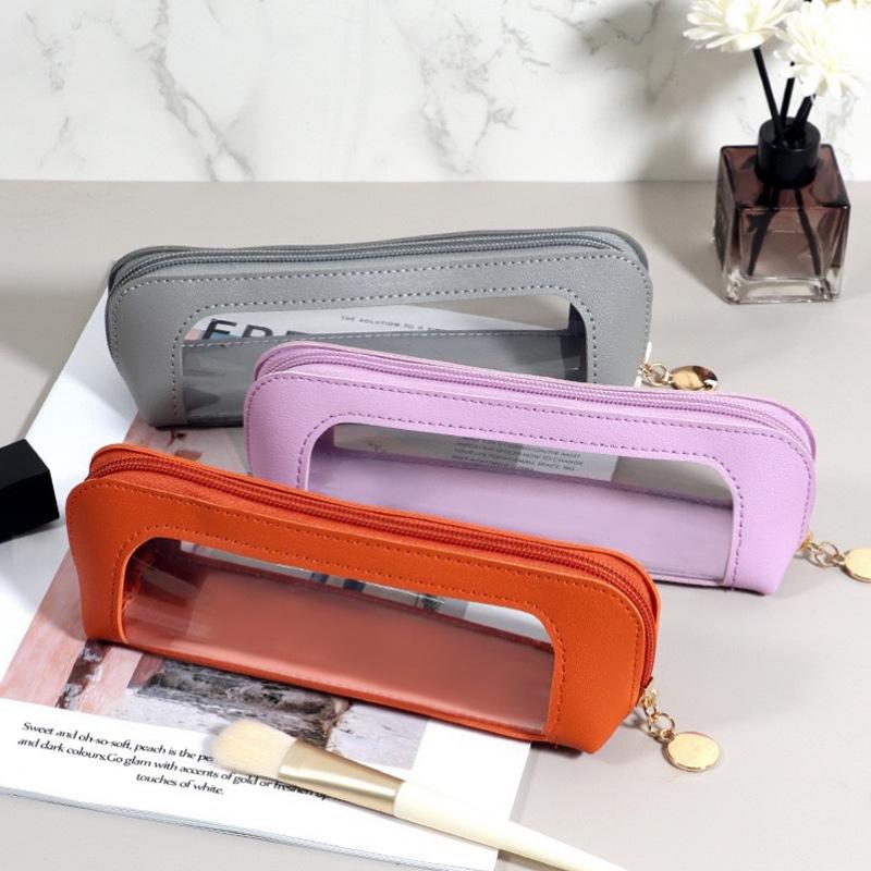 1pc Elegant PVC Portable Travel Makeup Bag With Transparent Window - Cosmetic Pen & Brush Organizer, Skincare Storage Pouch With Zipper Closure