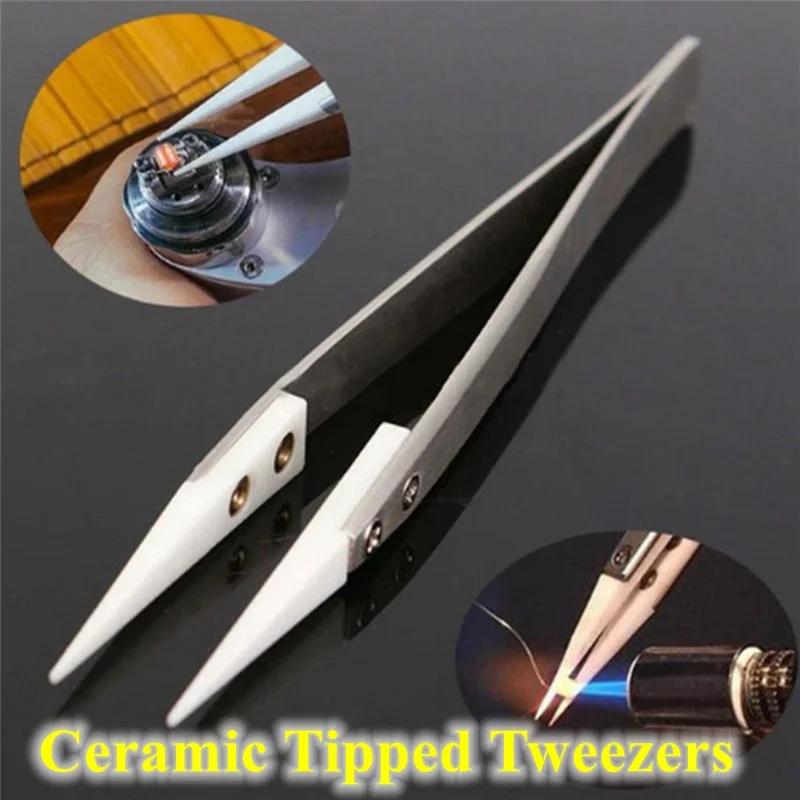 1pc Ceramic Tipped Stainless Steel Tweezers Tips Heat Pointed Resistant Tweezer Electronic Soldering Tweezers Fine Pointed Tip