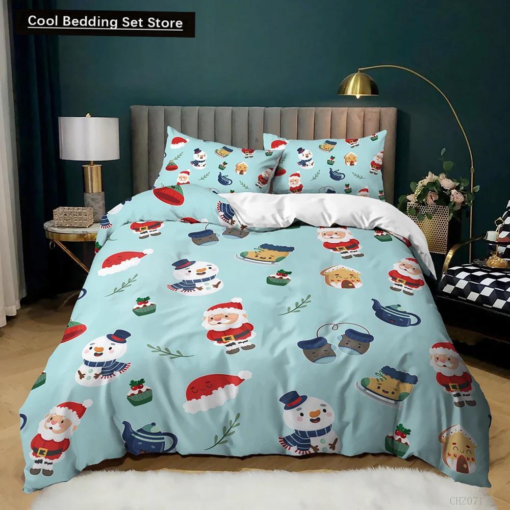Christmas Duvet Cover Set Winter Snowman Santa Claus Christmas Stocking Bedding Set Double Queen King Size Polyester Qulit Cover