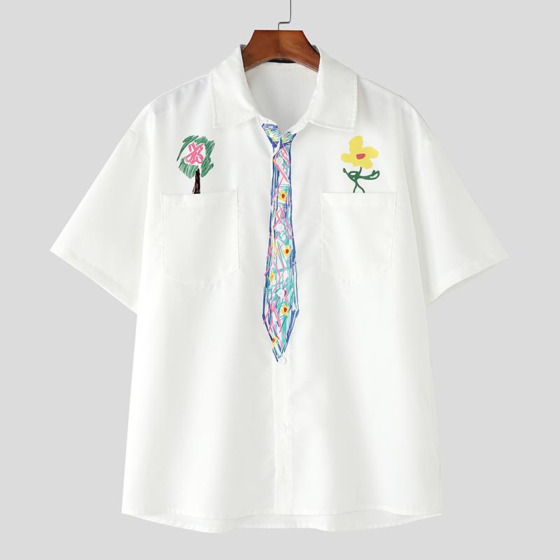 

INCERUN Мужские рубашки оверсайз с лацканами, коротким рукавом, на пуговицах, с мультяшным забавным принтом, повседневные свободные S белый