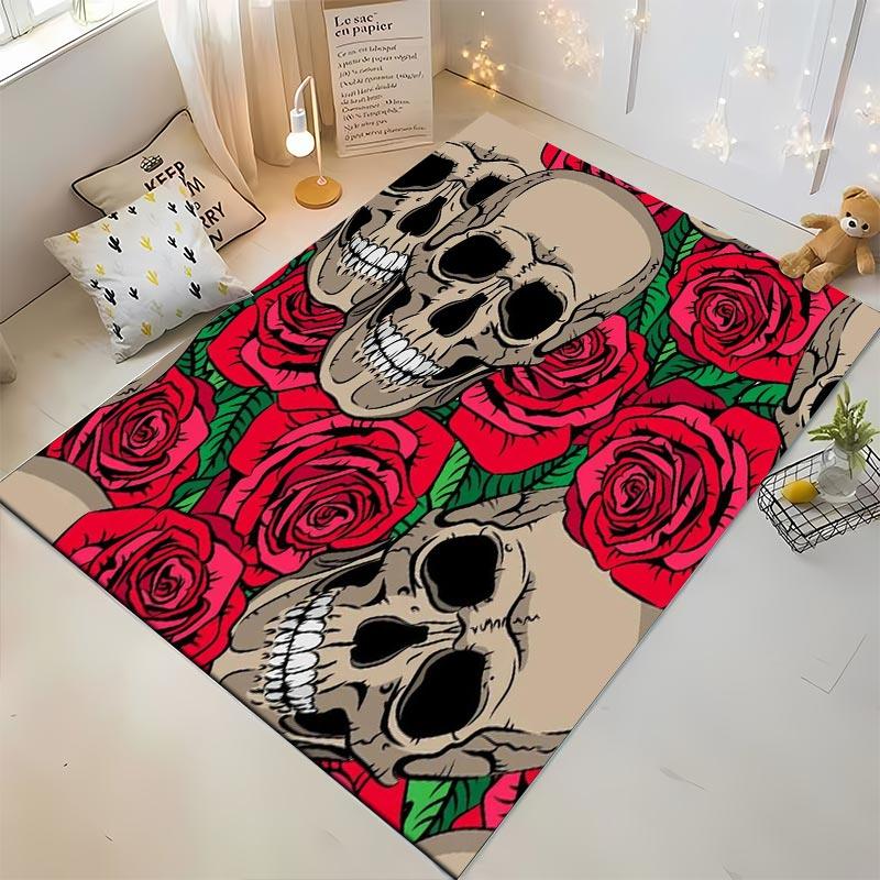 "Skull and Red Rose Printed Carpet with Gothic Art Design" Suitable for use as an anti-slip for living room bedroom sofas
