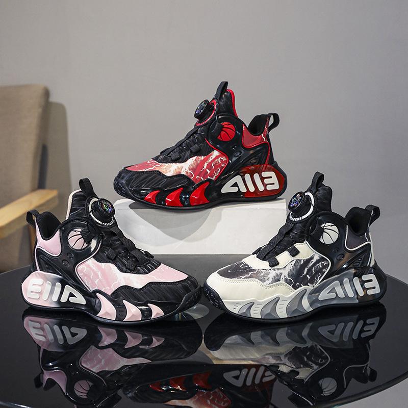 Children's Basketball Shoes Mesh Breathable Men's and Women's Sports Shoes Leather Waterproof Rotating Buckle Free Lace-up Girls Running Shoes