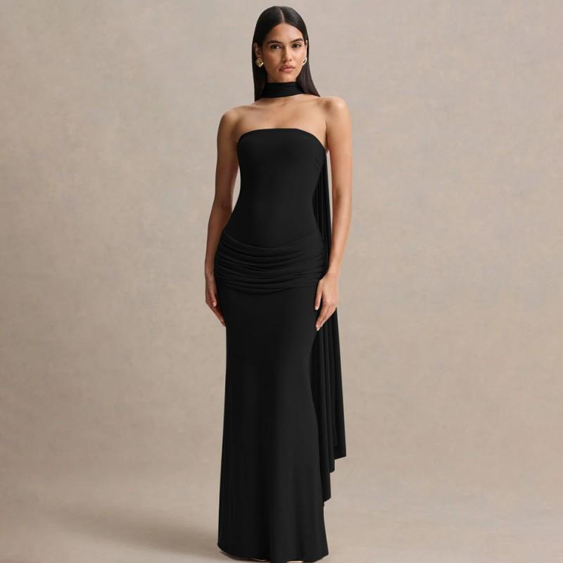 2026 Womens Elegant Solid Color Halter Neck Pleated Bodycon Dress Party Date Wear
