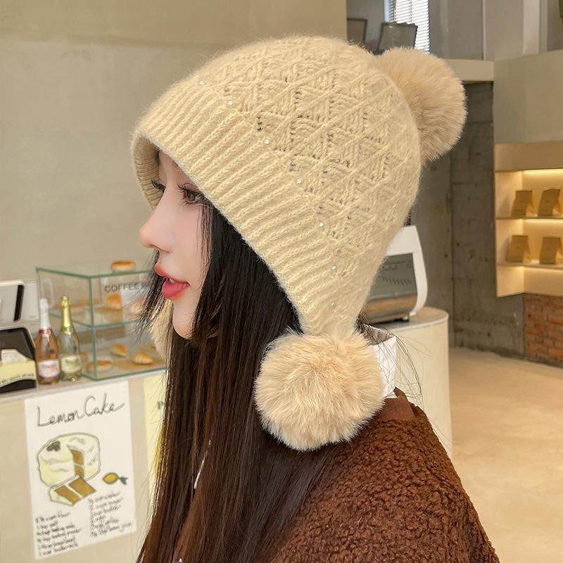 New hat women's autumn and winter warm knitted hat fleece thickened face small cycling windproof winter wool hat