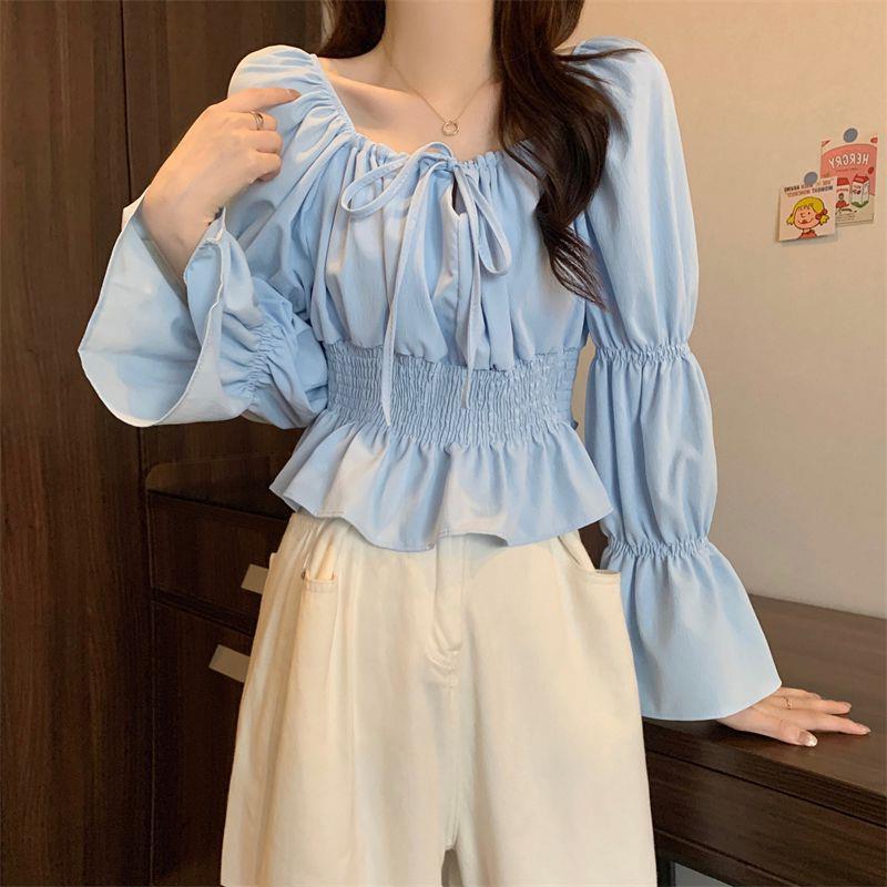 French Puff Sleeve Ruffle Top: Niche Design, Gentle Clavicle Style, Waist-Cinching, Versatile & Elegant
