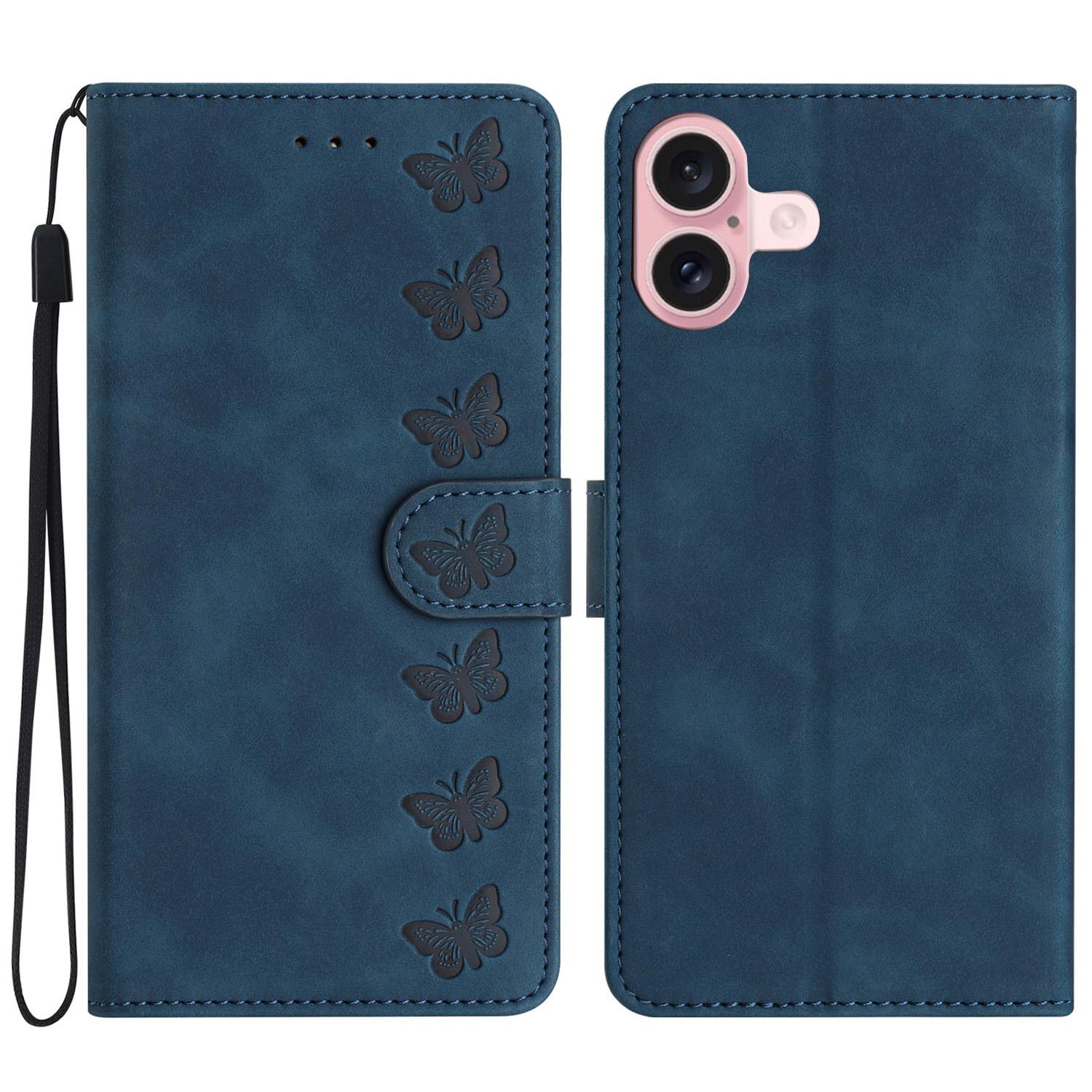 

For iPhone 16 Plus Case Butterfly Imprinted PU Leather Stand Phone Cover Blue